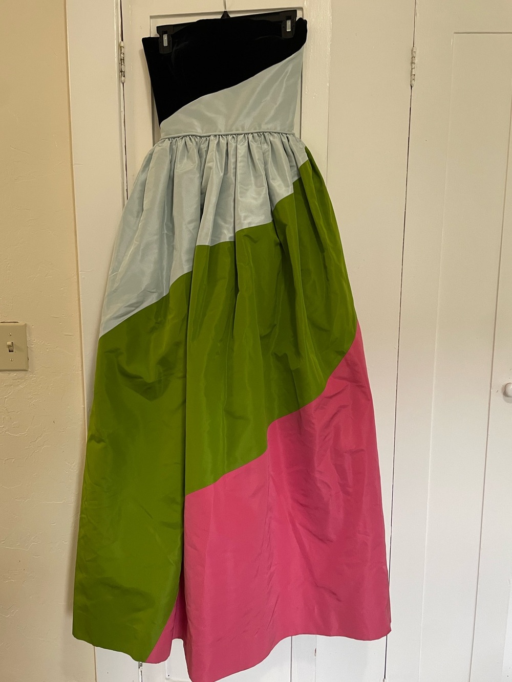 Bill blass Strapless Colorblock Maxi dress in Black, Light Blue, Green & Pink